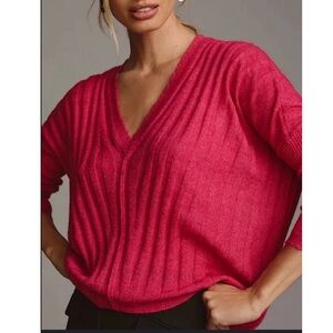 Anthropologie Pilcro Hot Pink Boxy Ribbed V-Neck Sweater XS Magenta